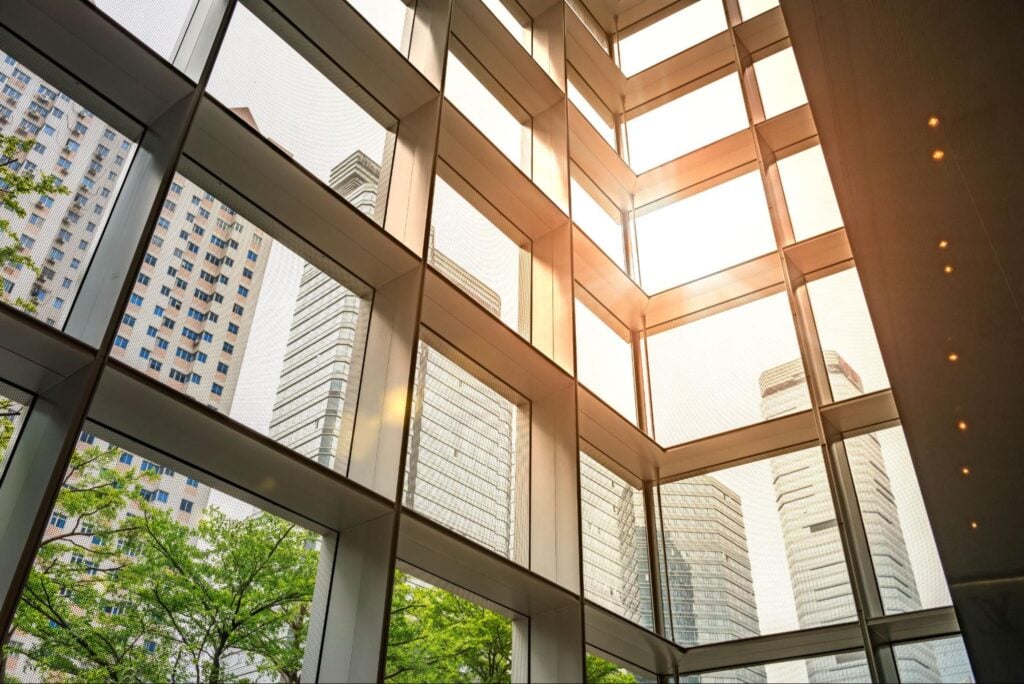 Commercial Glazing In A Business Office Viewed From Inside Out